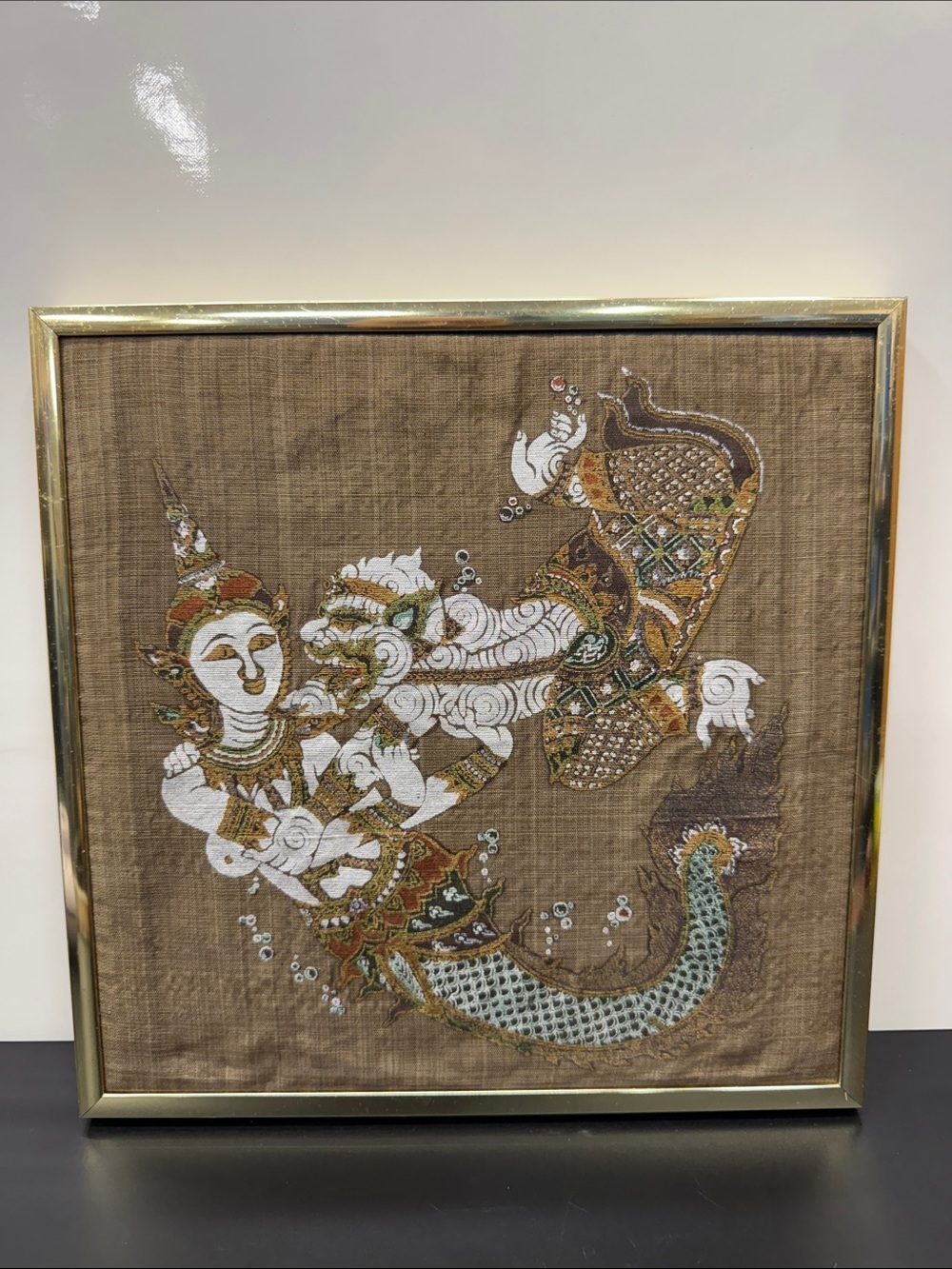 Embroidered Thai Mythical Mermaid Wall Art in Gold & Brown
